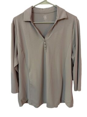 CASEI Women’s Grey Performance  Polo 3/4 Sleeve-Textured Micro - Pique-V-Neck XL